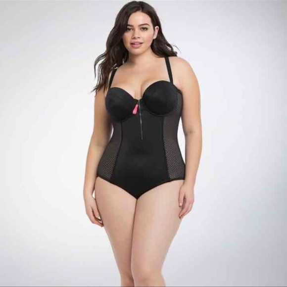 Torrid Black Zip Up Front Push Up One Piece Swimsuit